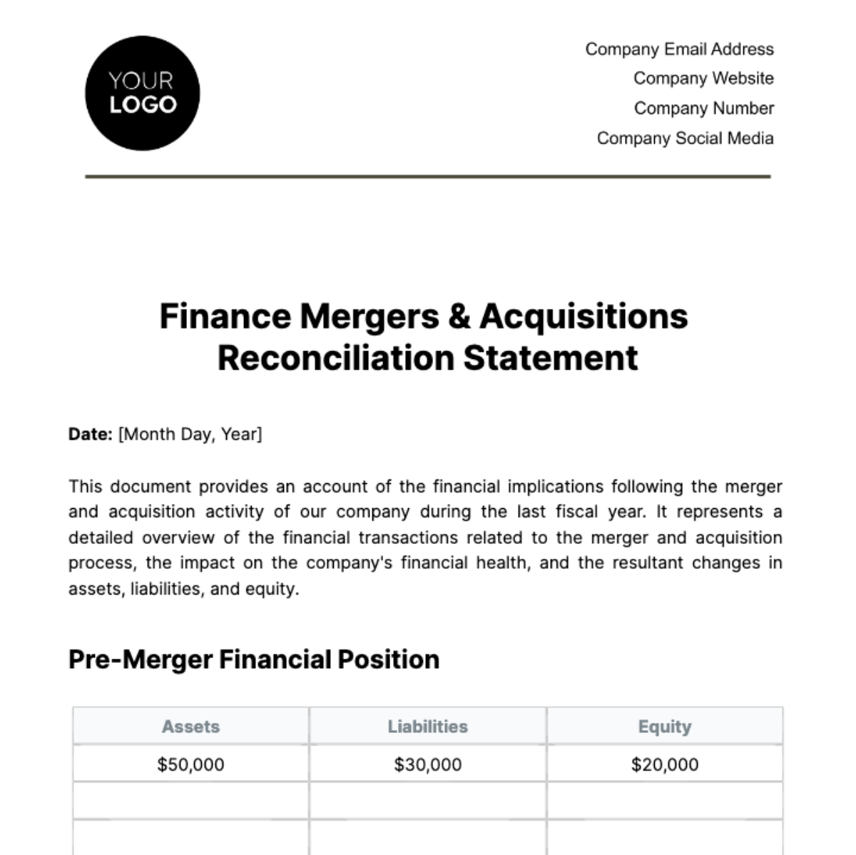 Finance Mergers & Acquisitions Reconciliation Statement Template