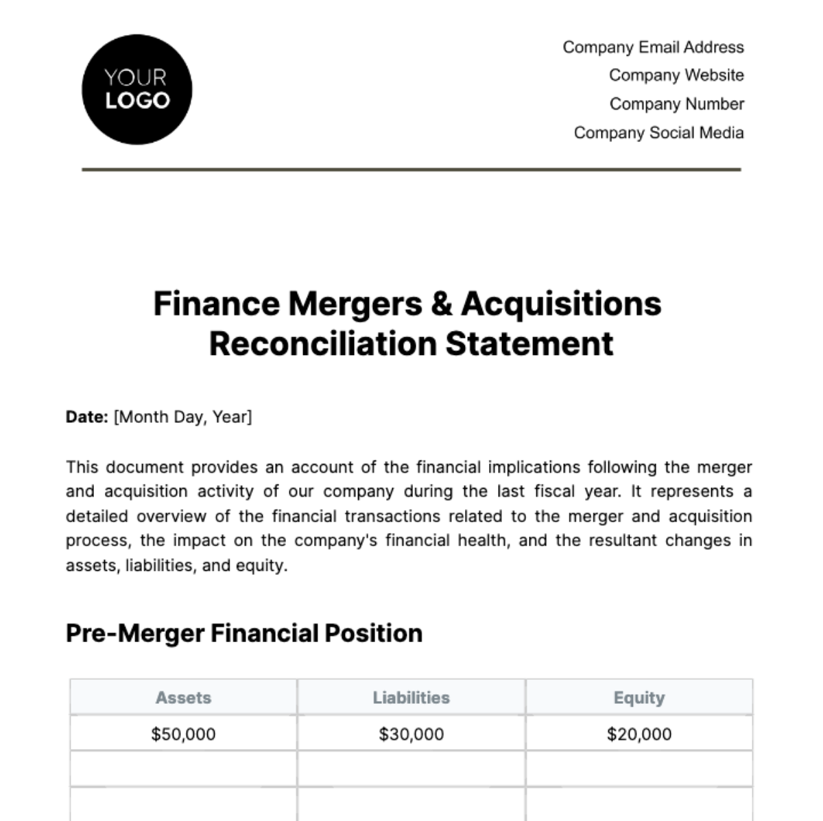 Finance Mergers & Acquisitions Reconciliation Statement Template - Edit Online & Download