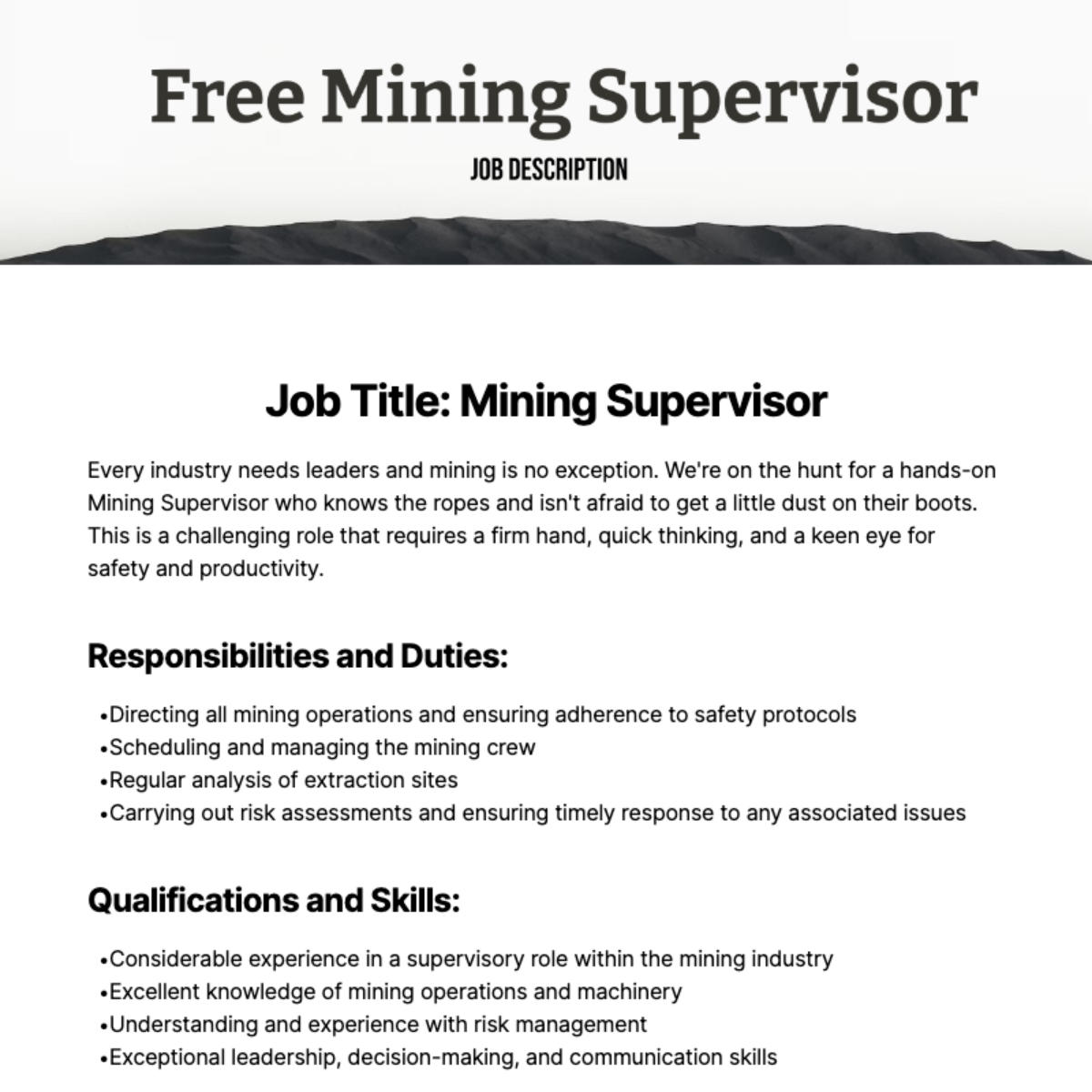 Free Mining Supervisor Job Description Template
