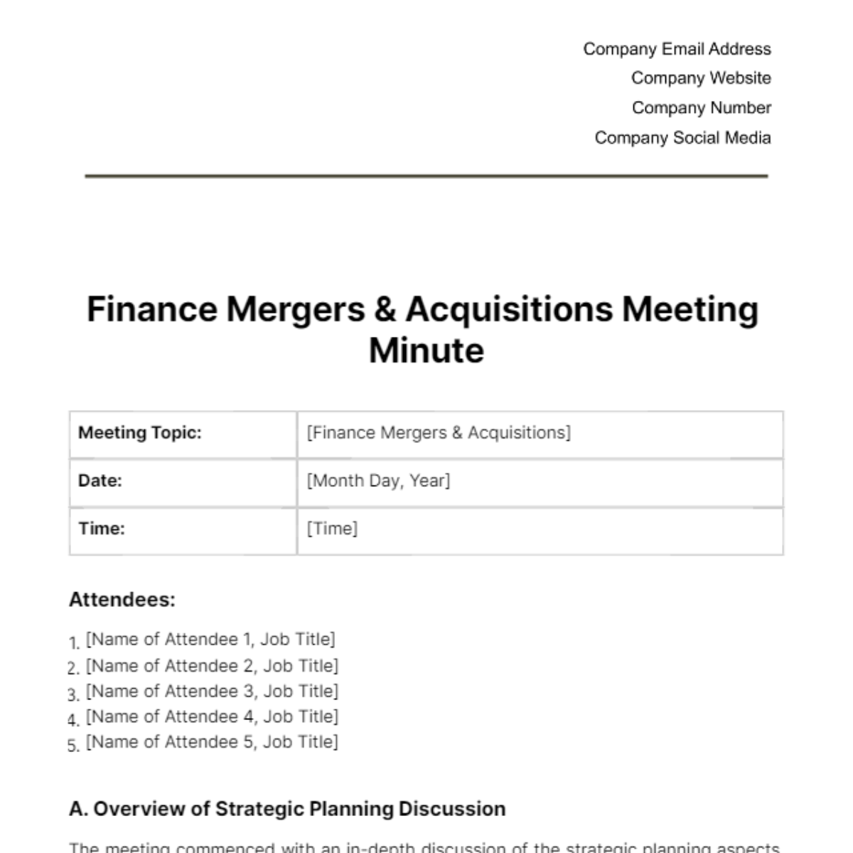 Finance Mergers & Acquisitions Meeting Minute Template