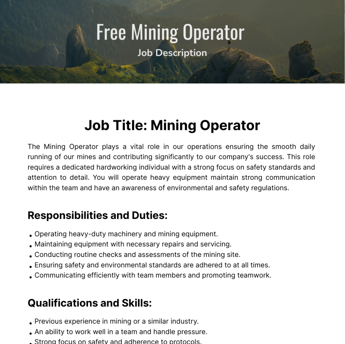 Free Mining Operator Job Description Template