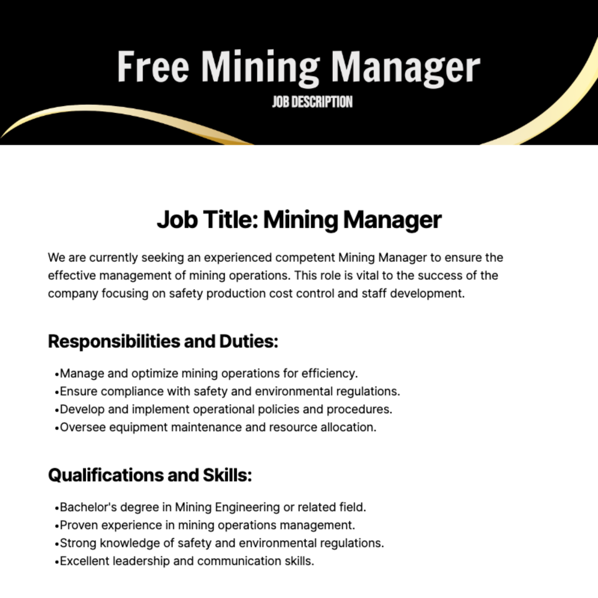 Free Mining Manager Job Description Template