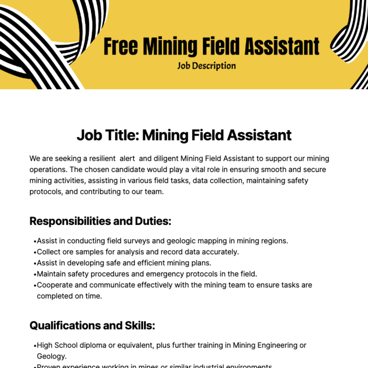 Free Mining Field Assistant Job Description Template