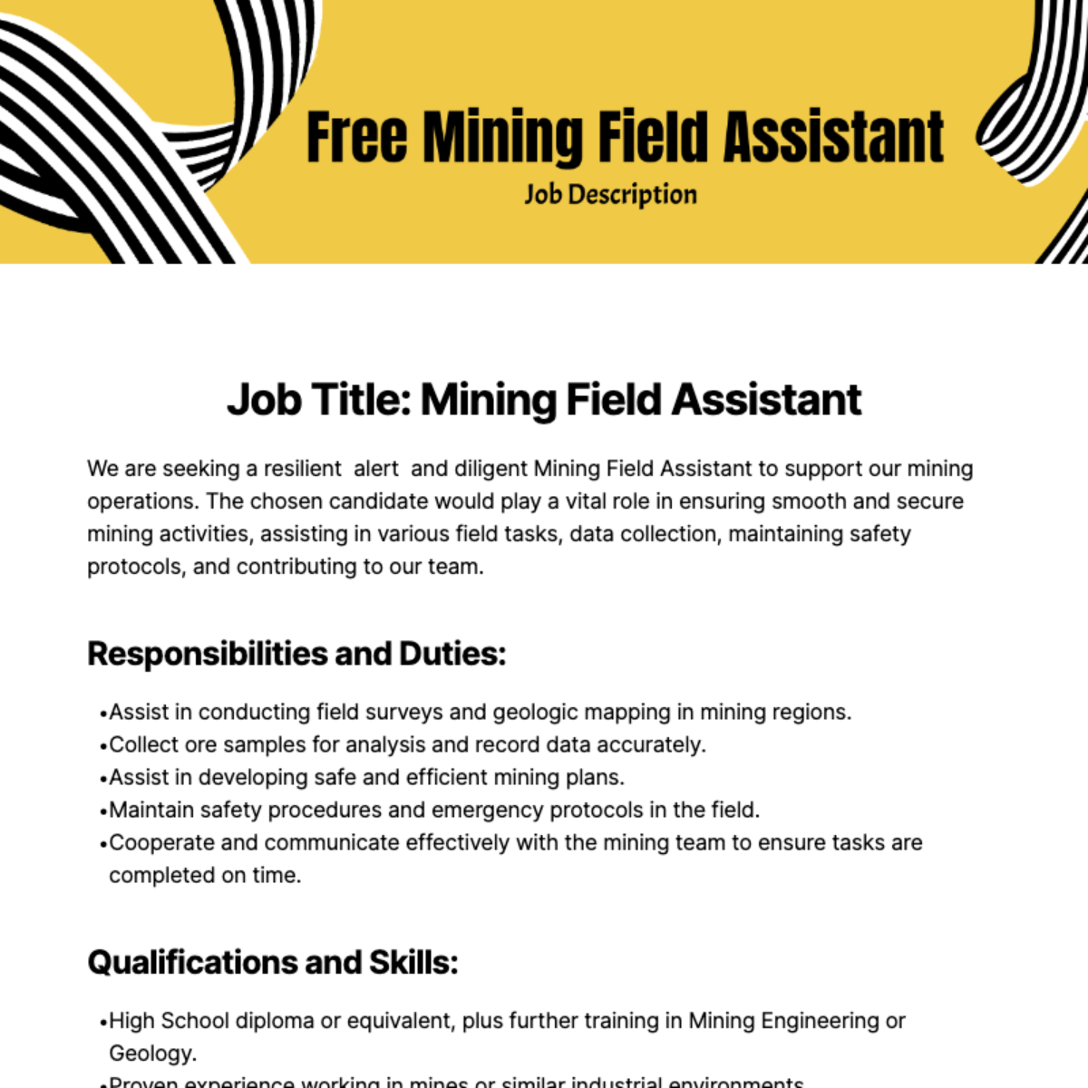 Free Mining Field Assistant Job Description Edit Online Download 