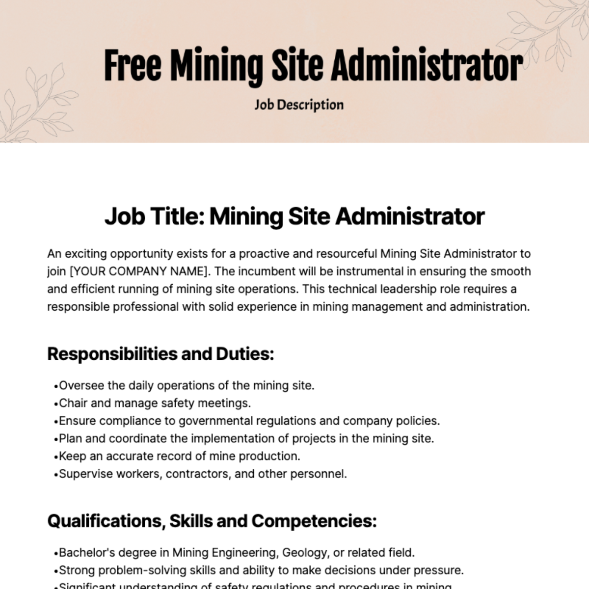 Free Mining Site Administrator Job Description Template