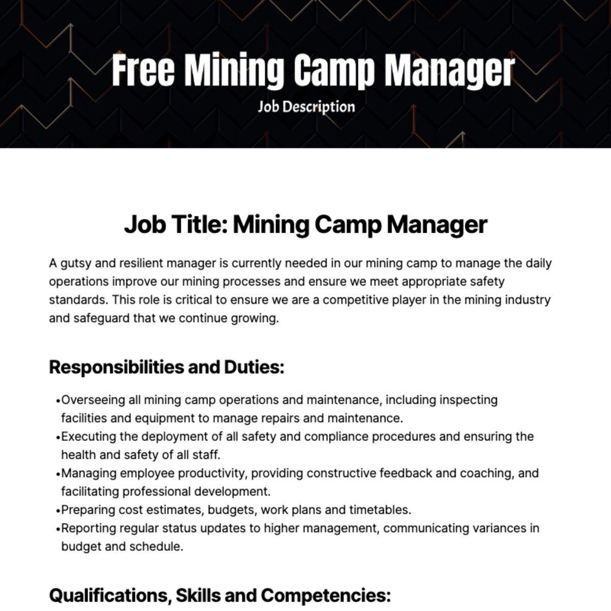 Free Mining Camp Manager Job Description Template