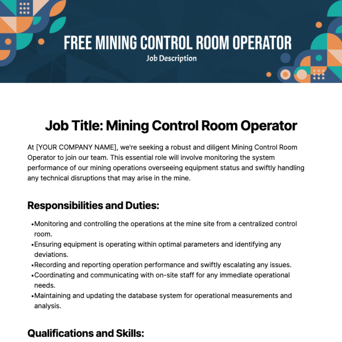 Mining Control Room Operator Job Description Template