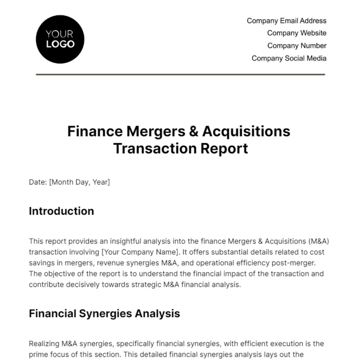 Finance Mergers & Acquisitions Transaction Report Template - Edit Online & Download