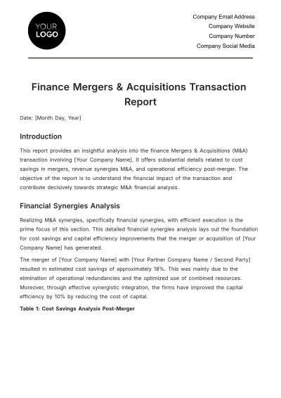 Free Finance Mergers & Acquisitions Transaction Report Template to Edit Online