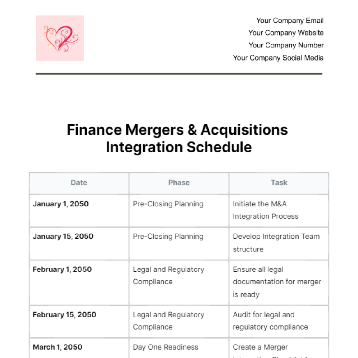 Finance Mergers & Acquisitions Integration Schedule Template - Edit Online & Download