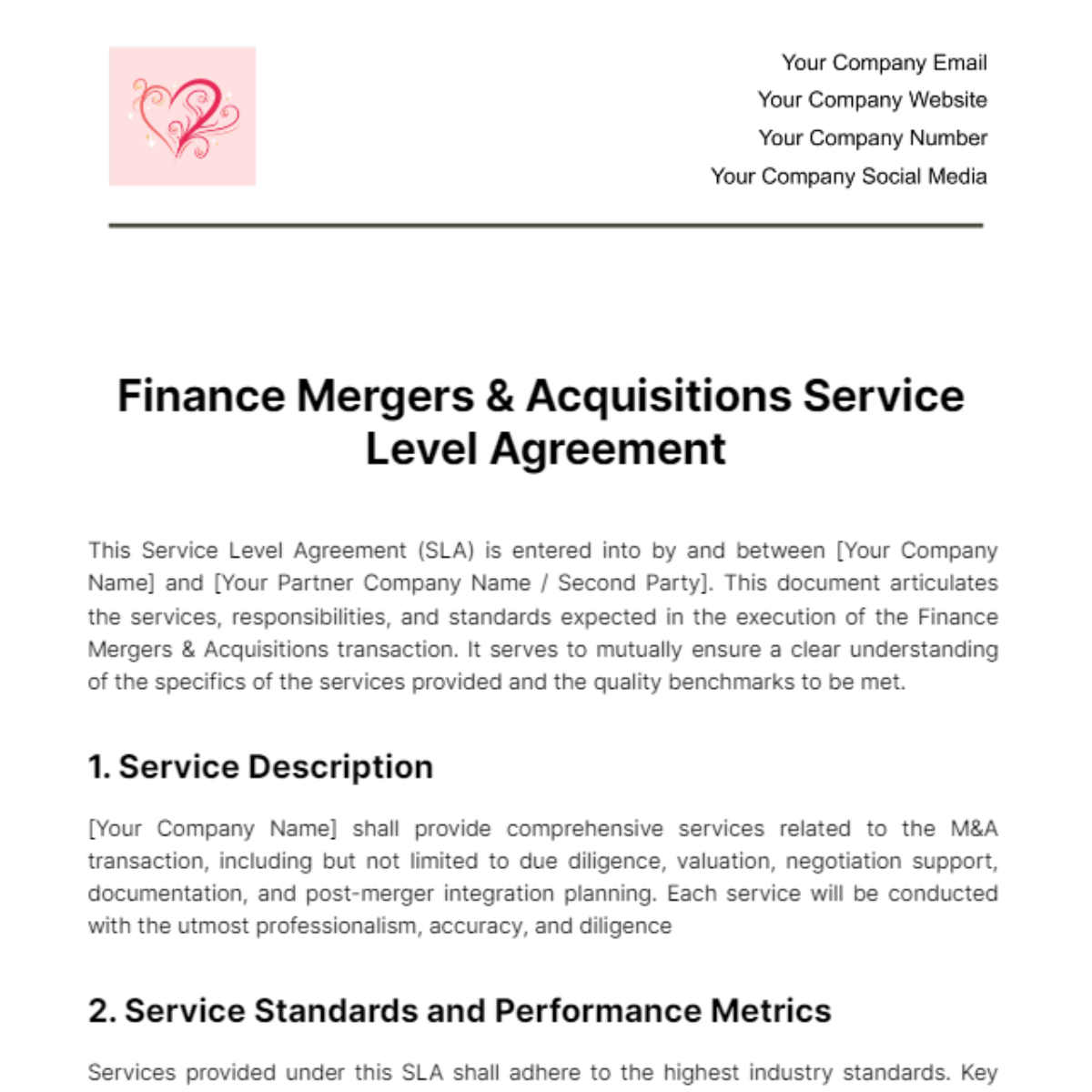 Finance Mergers & Acquisitions Service Level Agreement Template - Edit Online & Download