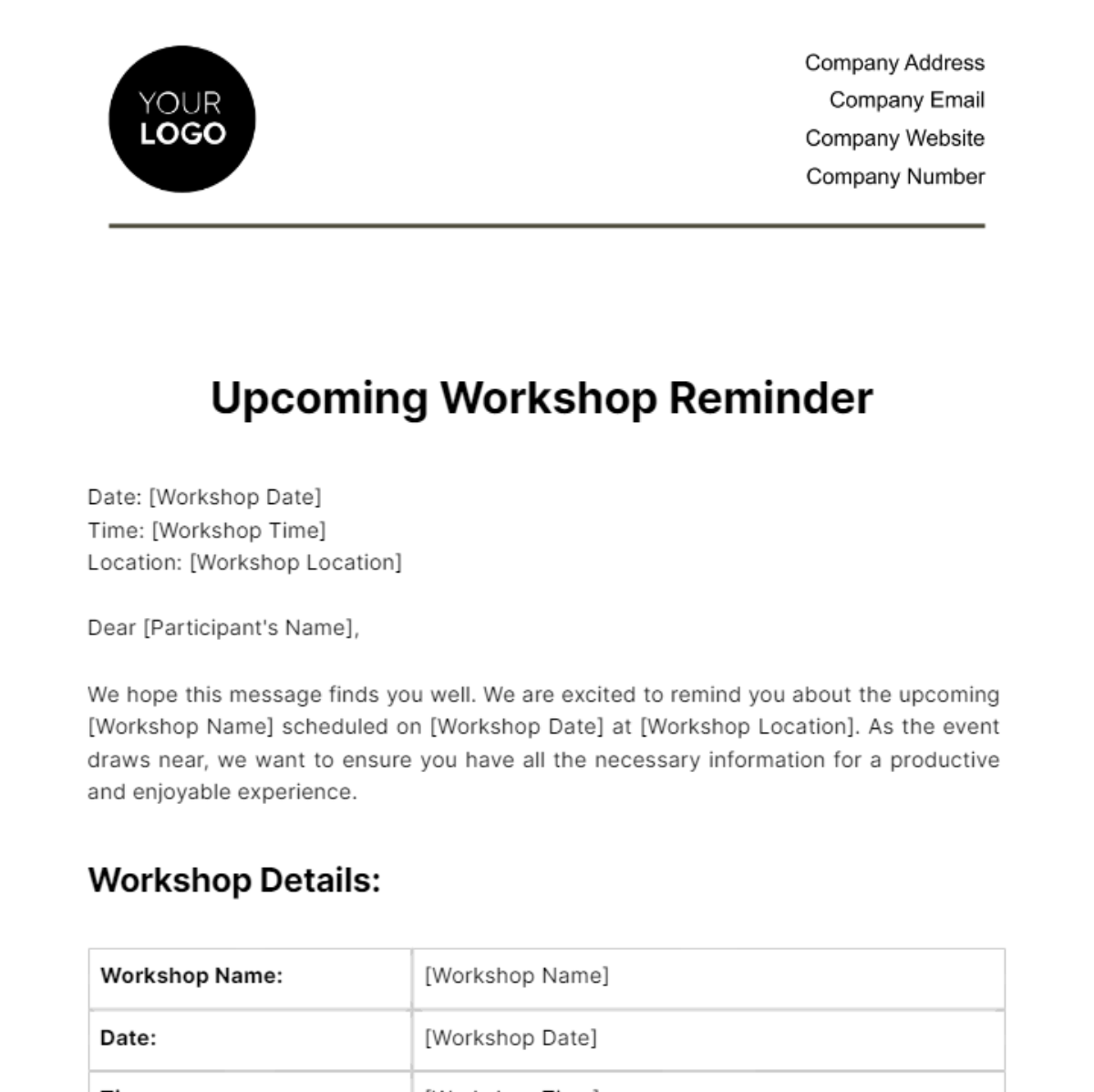 Free Upcoming Workshop Reminder HR Template