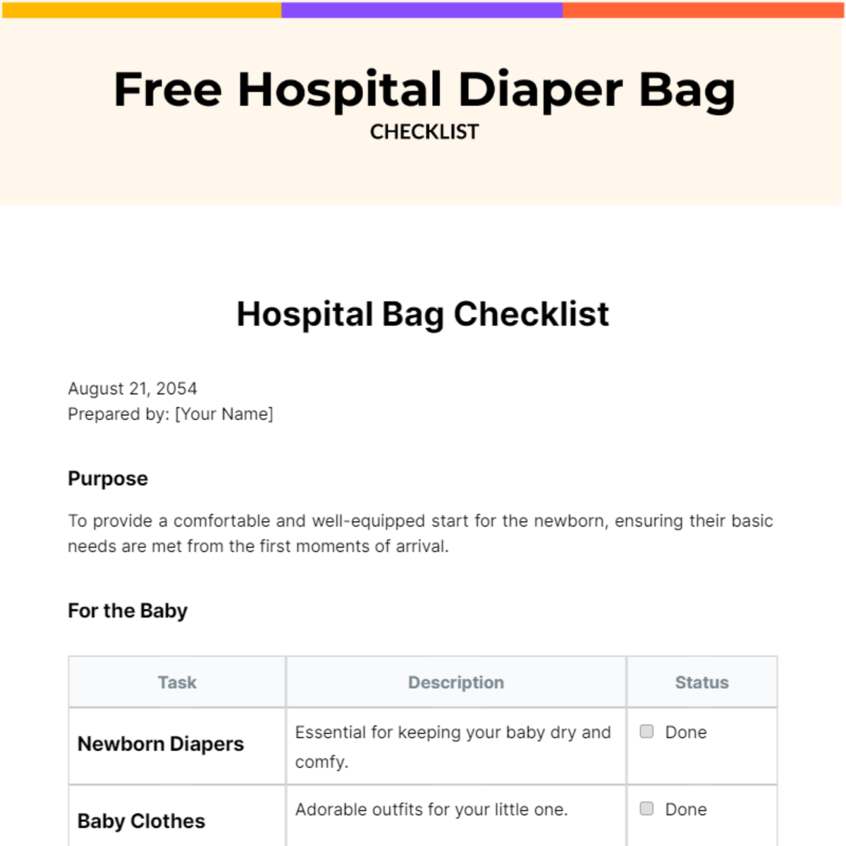 Hospital Diaper Bag Checklist Template