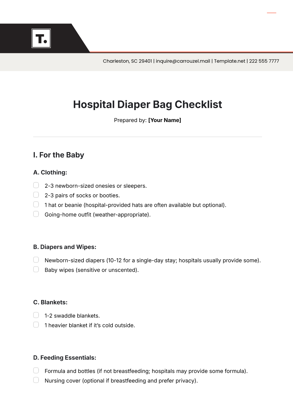 Hospital Diaper Bag Checklist Template - Edit Online & Download