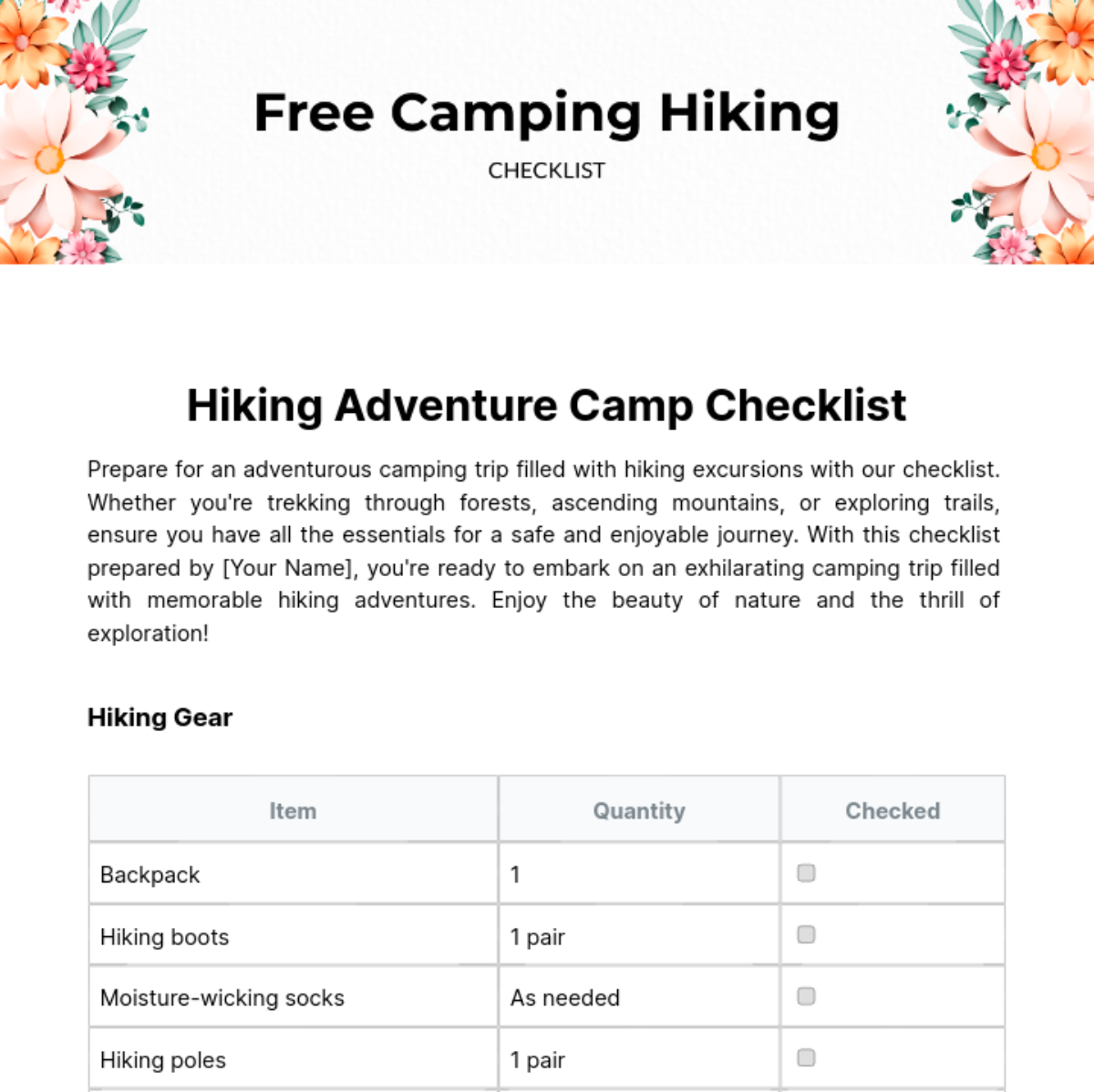 Camping Hiking Checklist Template