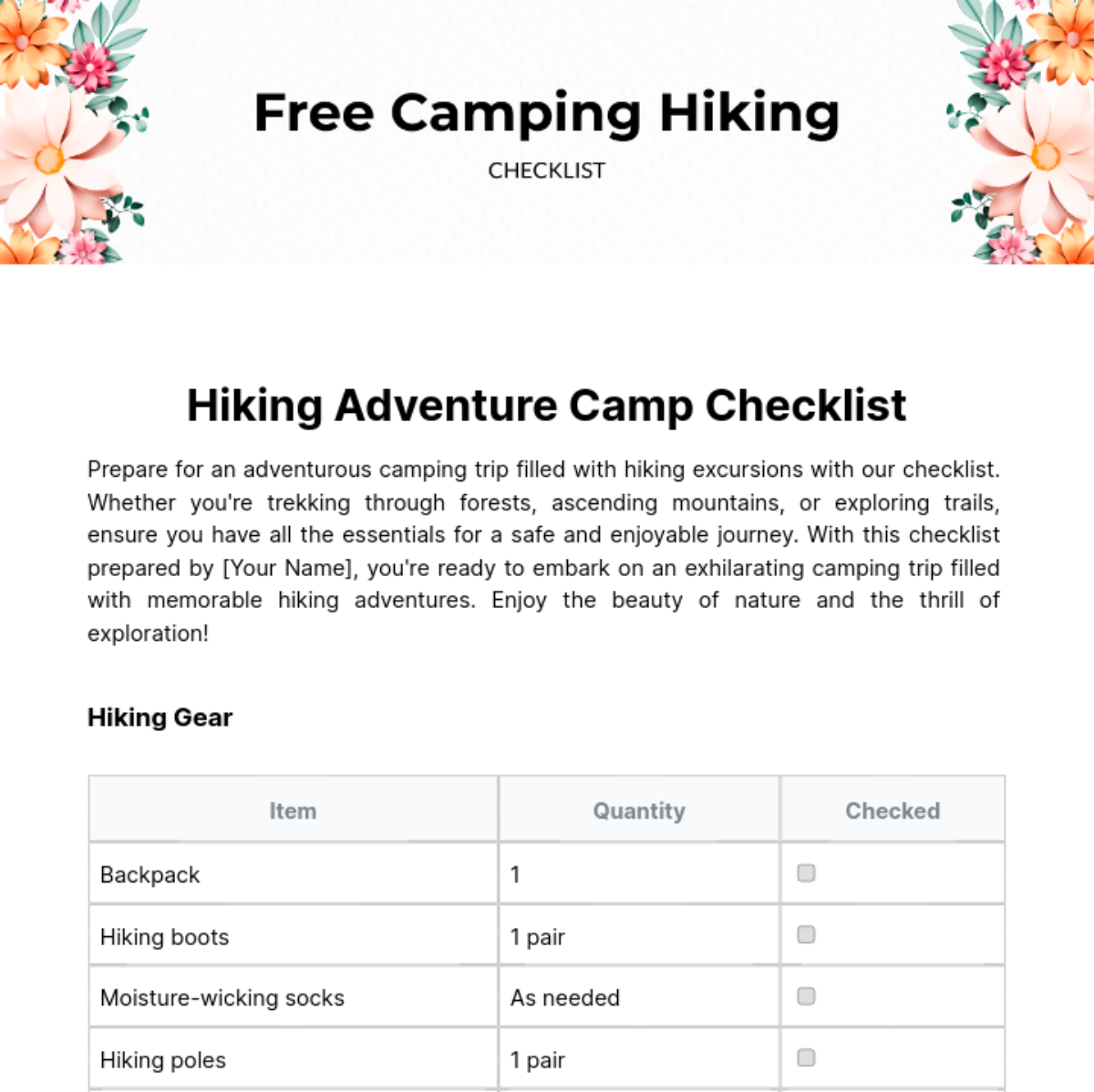 Camping Hiking Checklist Template - Edit Online & Download