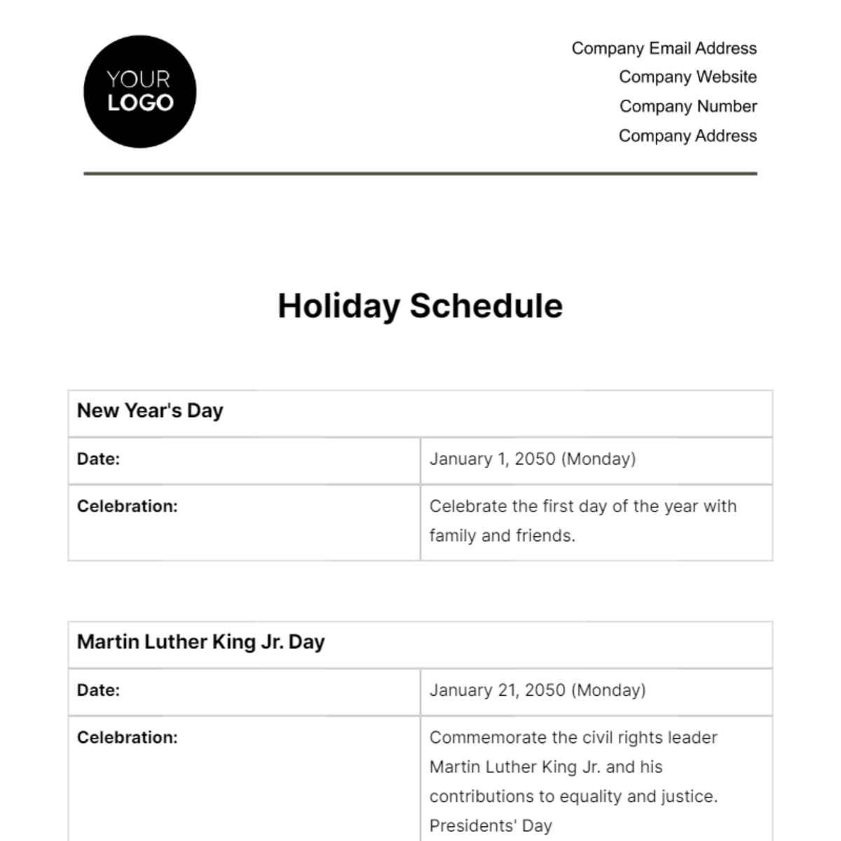 Holiday Schedule HR Template