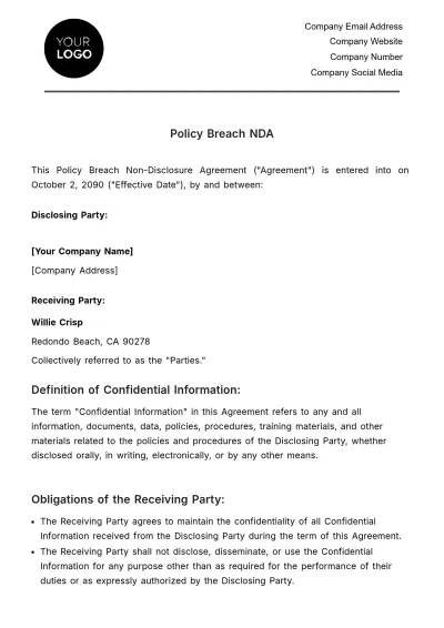 Free Policy Breach NDA HR Template to Edit Online