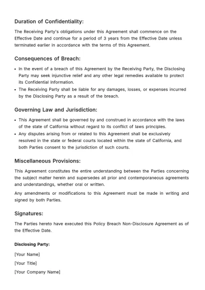 Free Policy Breach NDA HR Template to Edit Online