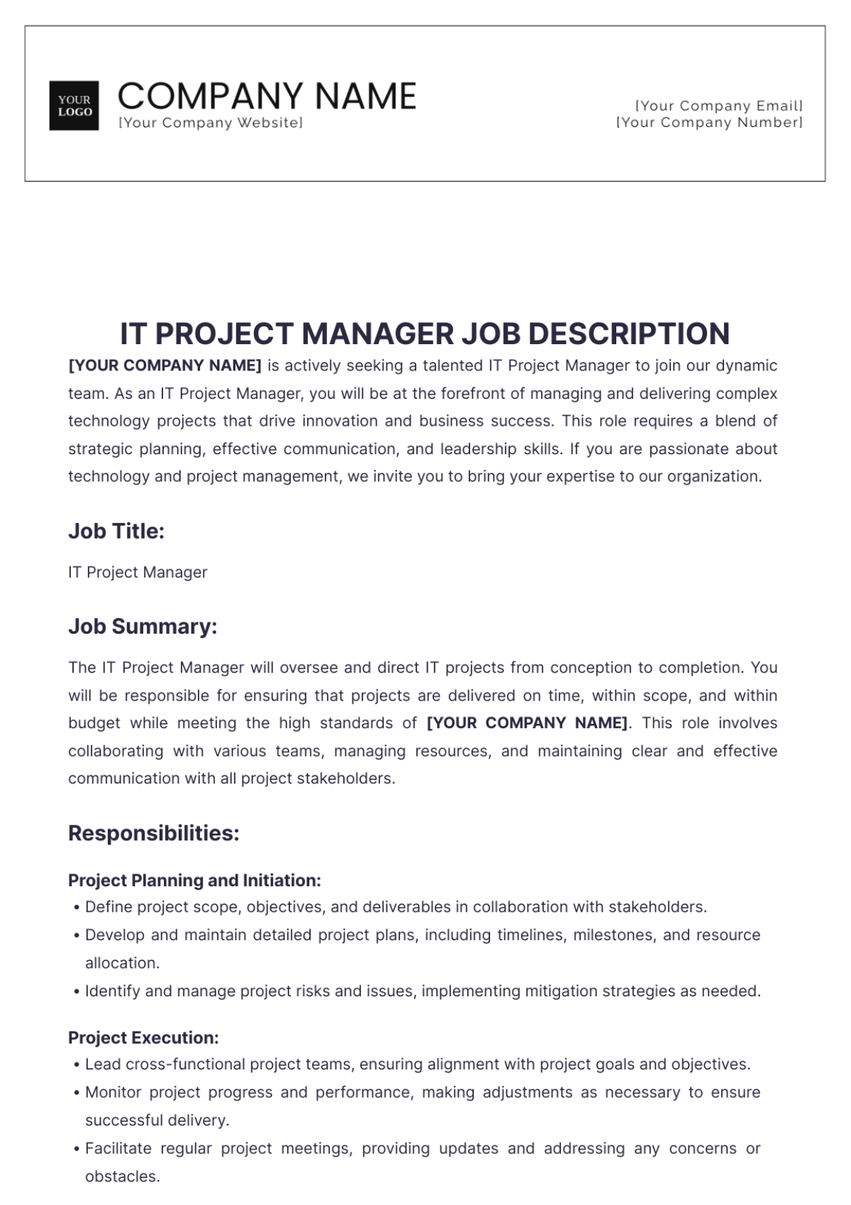 IT Project Manager Job Description Template - Edit Online & Download