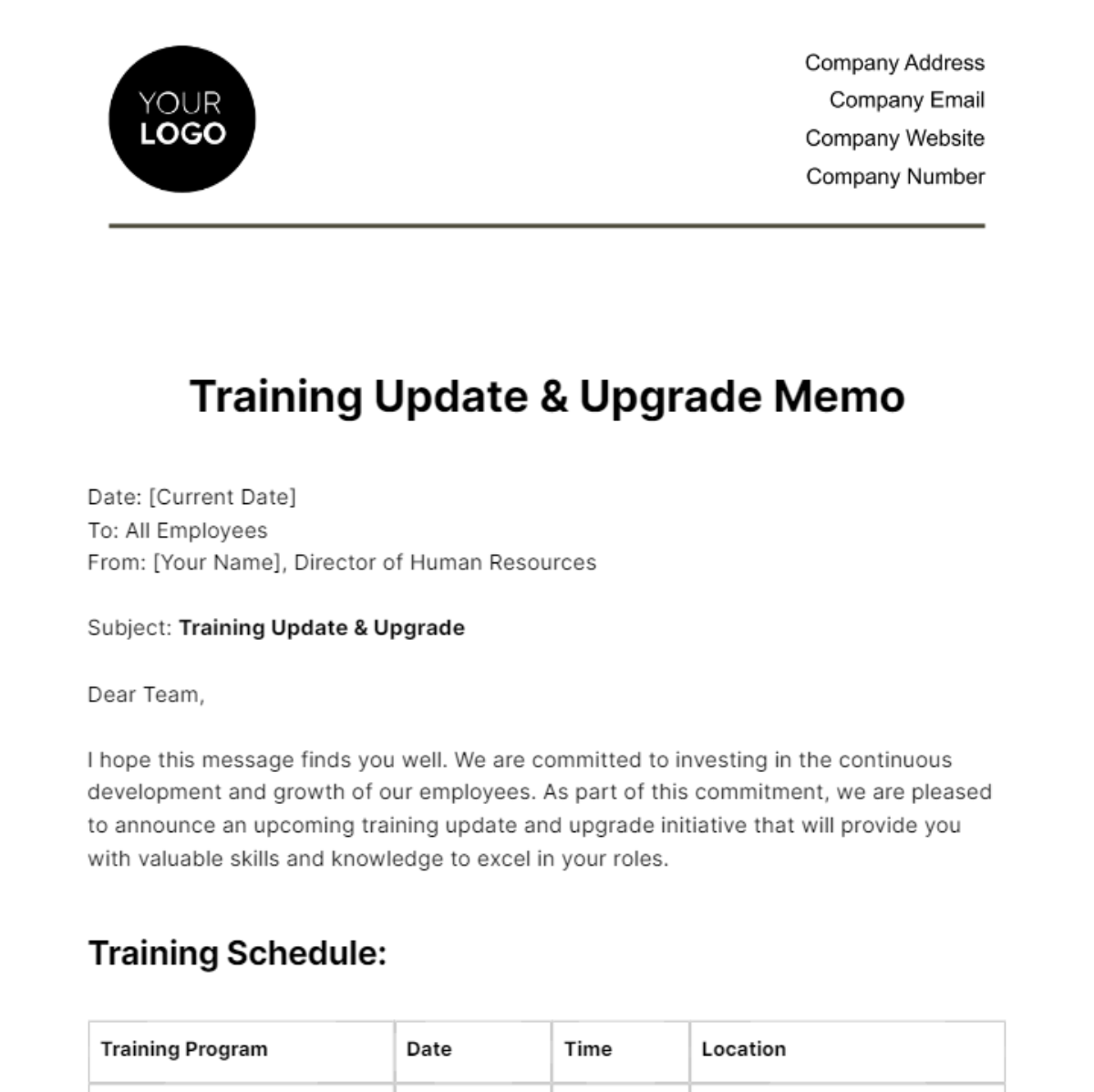 Training Update & Upgrade Memo HR Template