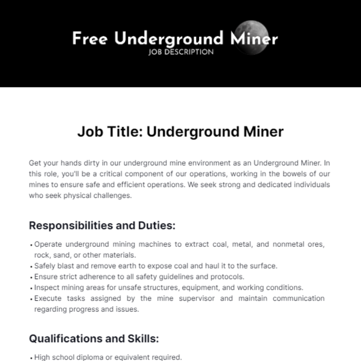 Free Underground Miner Job Description Template