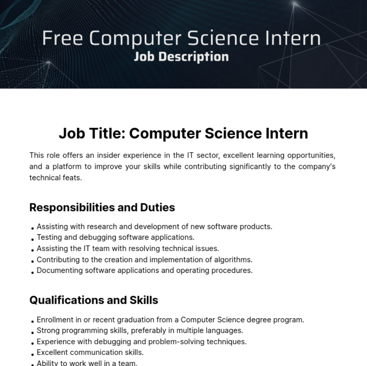 Computer Science Intern Job Description Template