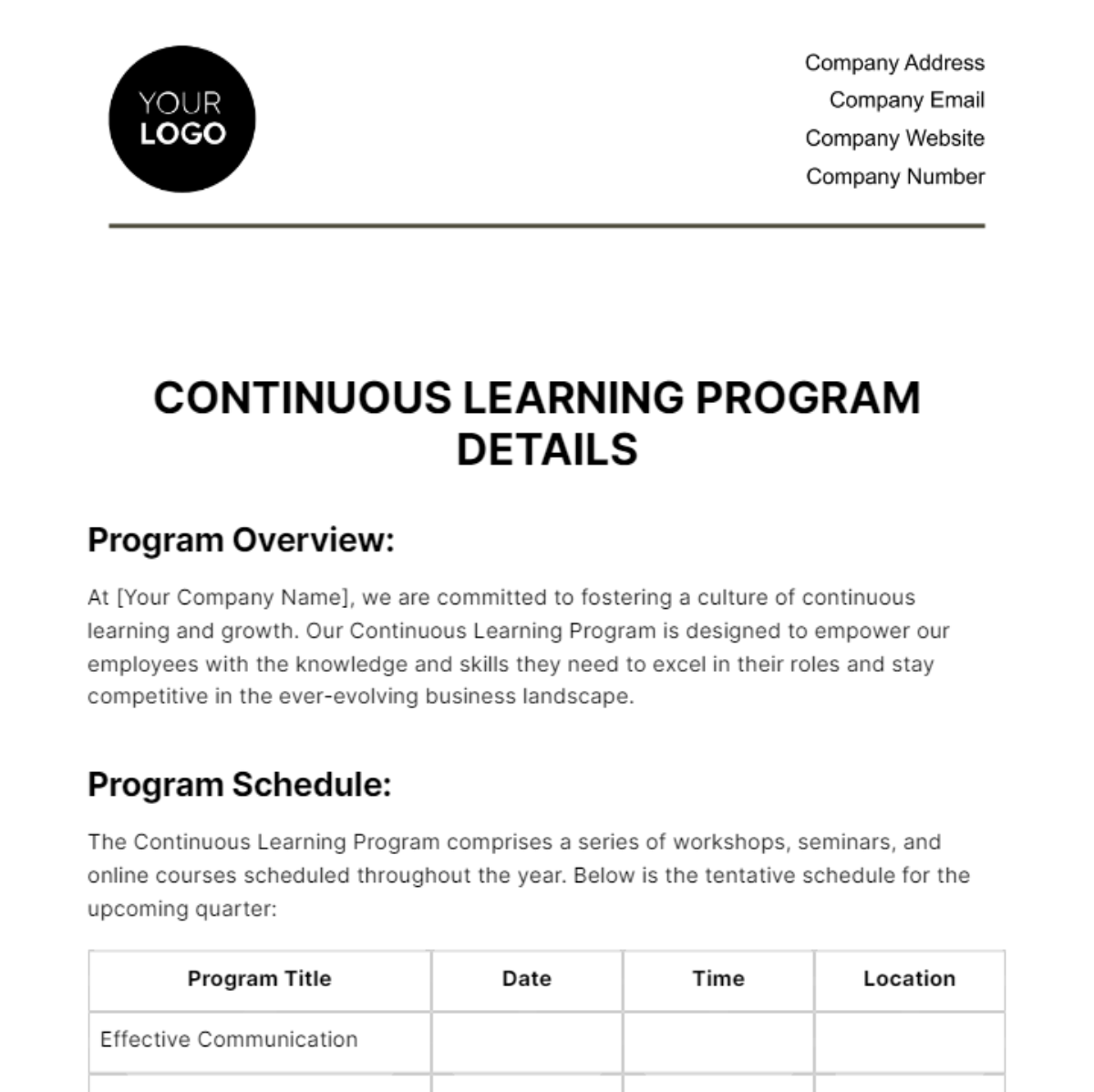 Free Continuous Learning Program Details HR Template