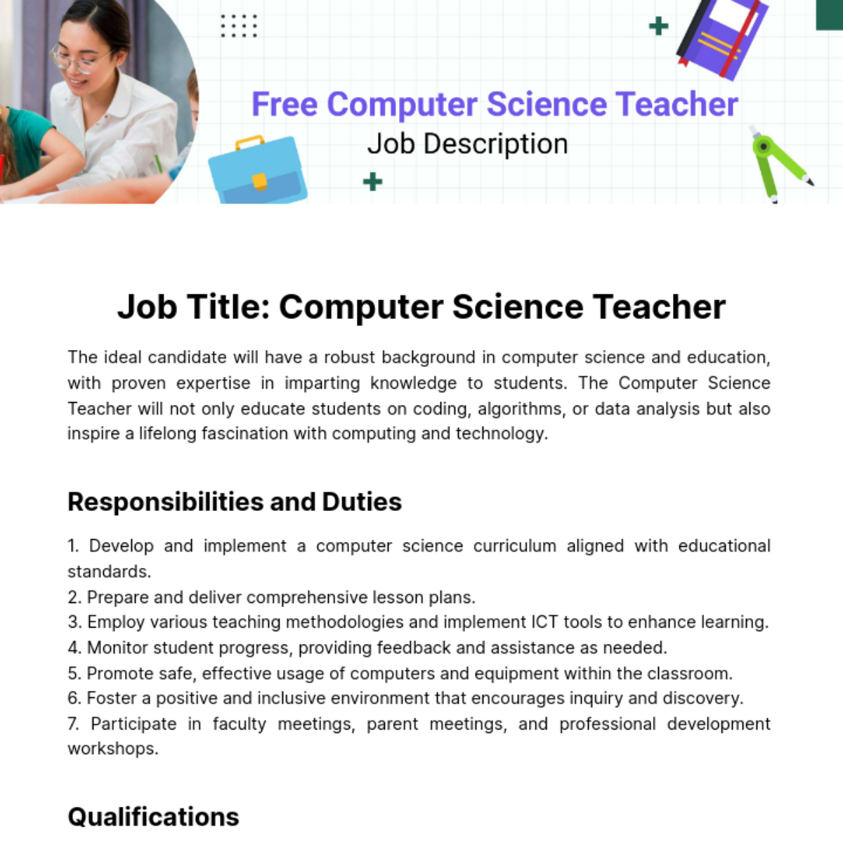 Computer Science Teacher Job Description Template