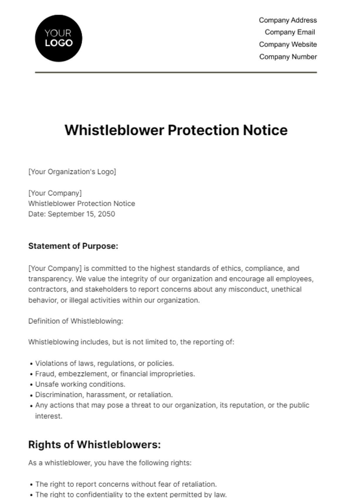Whistleblower Protection Notice HR Template