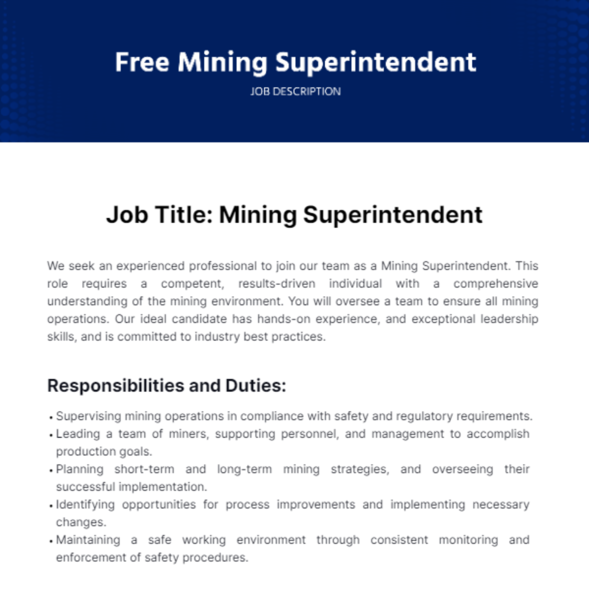Mining Superintendent Job Description Template