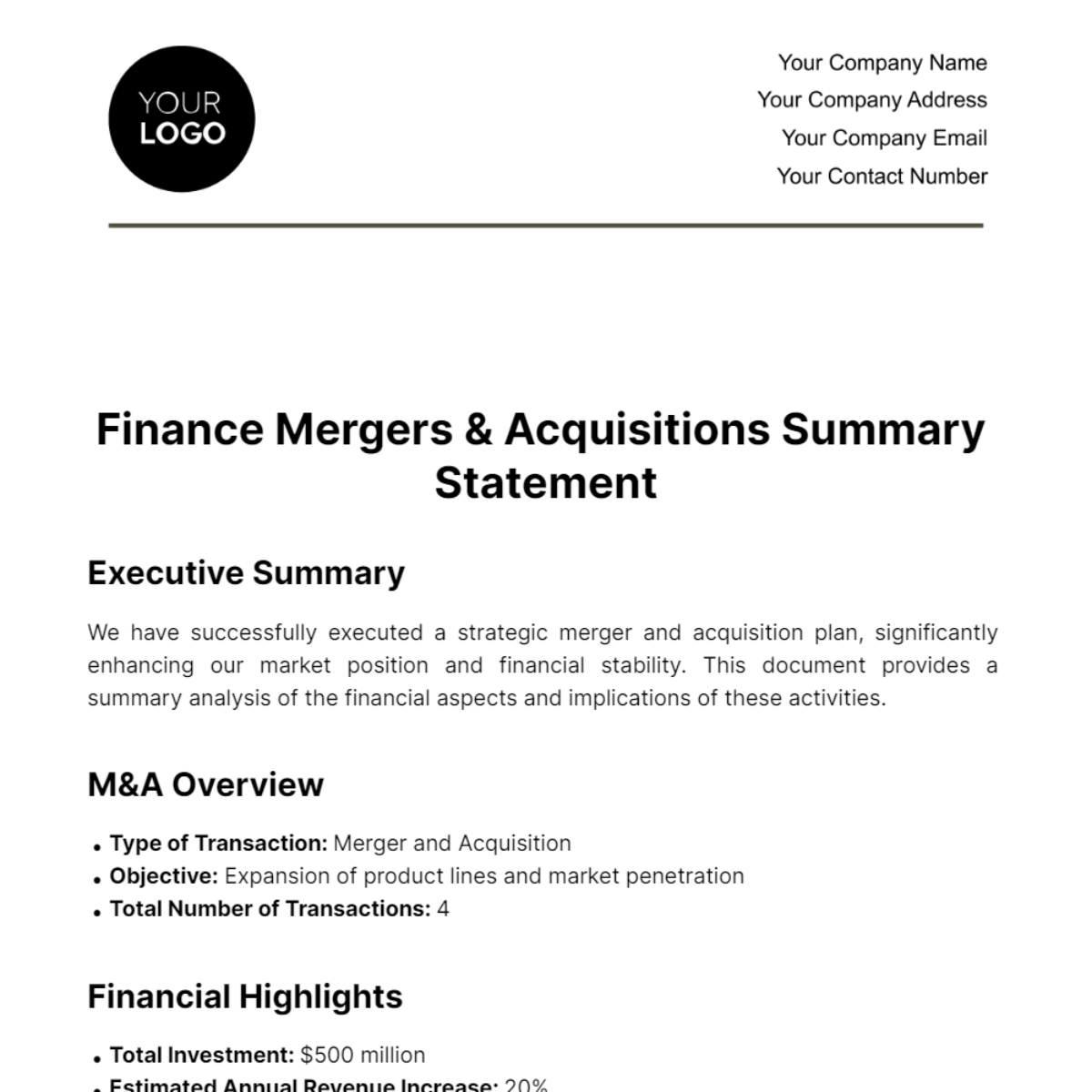 Finance Mergers & Acquisitions Summary Statement Template