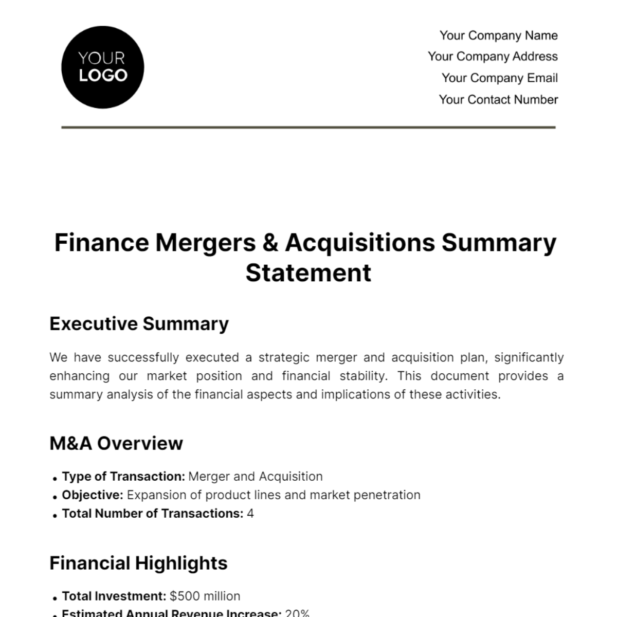 Finance Mergers & Acquisitions Summary Statement Template - Edit Online & Download