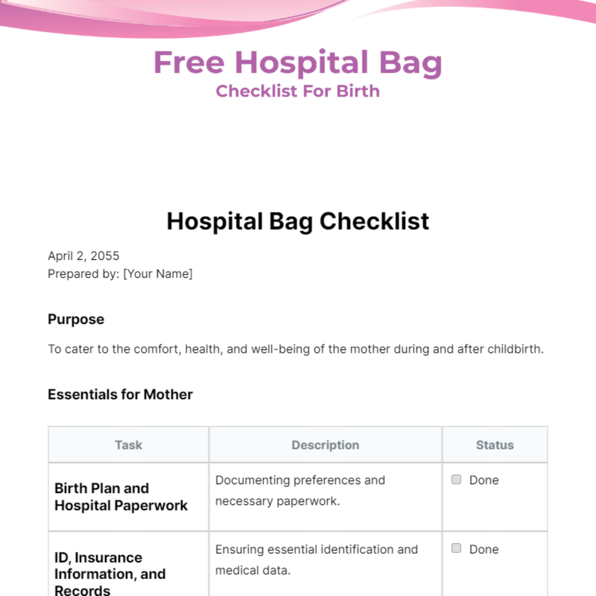 Hospital Bag Checklist For Birth Template