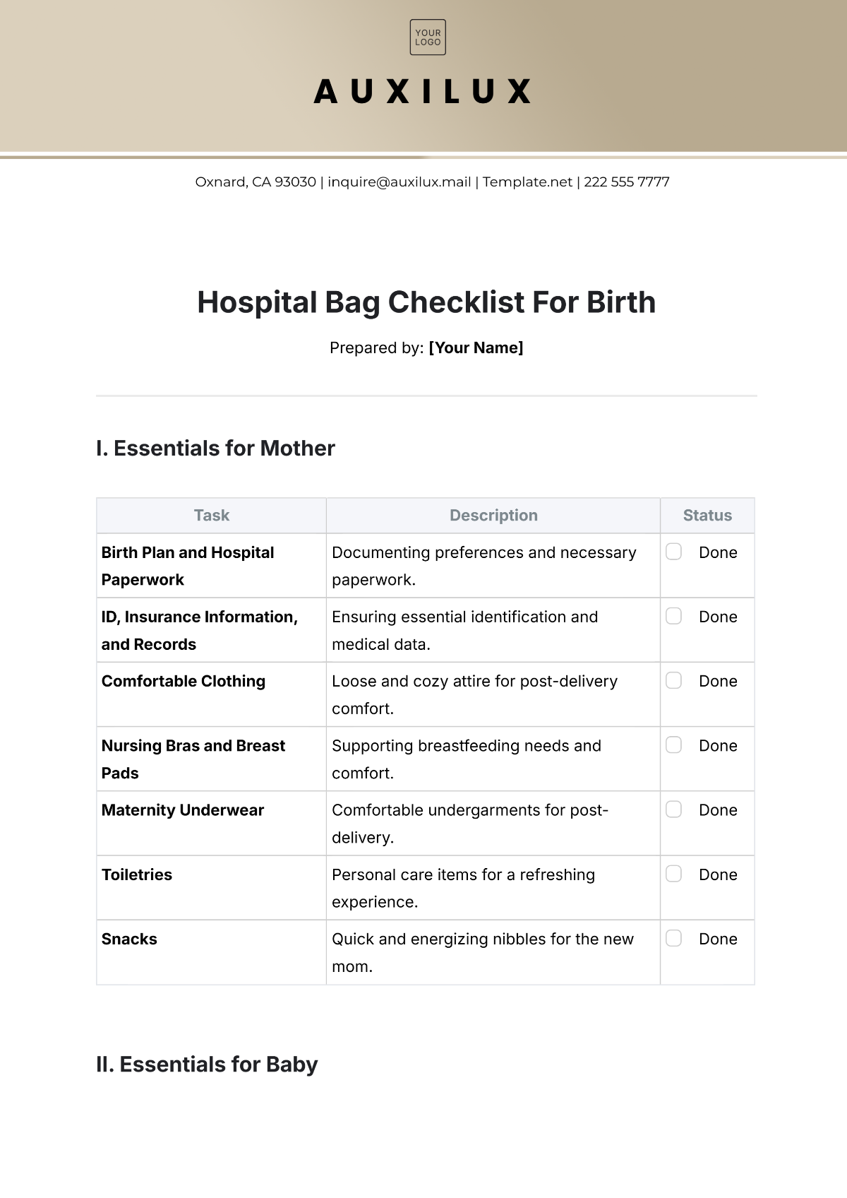 Hospital Bag Checklist For Birth Template - Edit Online & Download