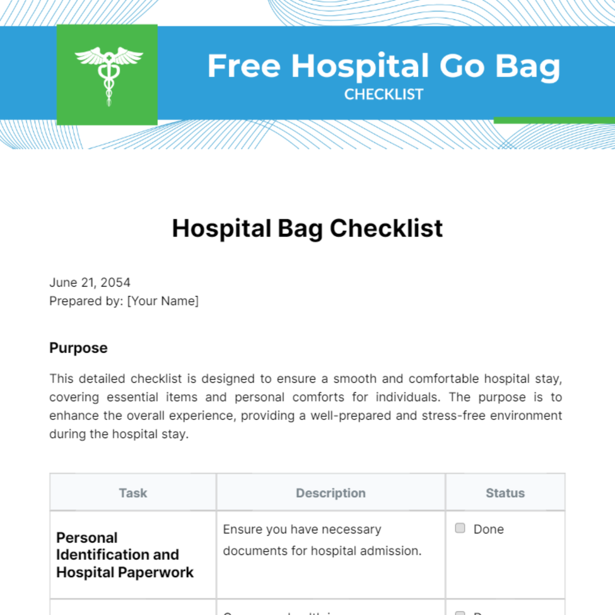 Hospital Go Bag Checklist Template