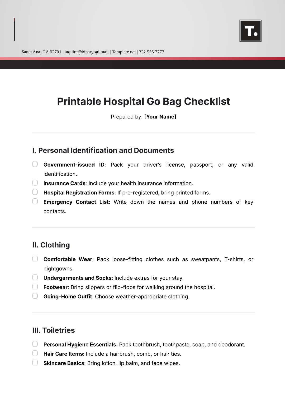 Printable Hospital Go Bag Checklist Template - Edit Online & Download