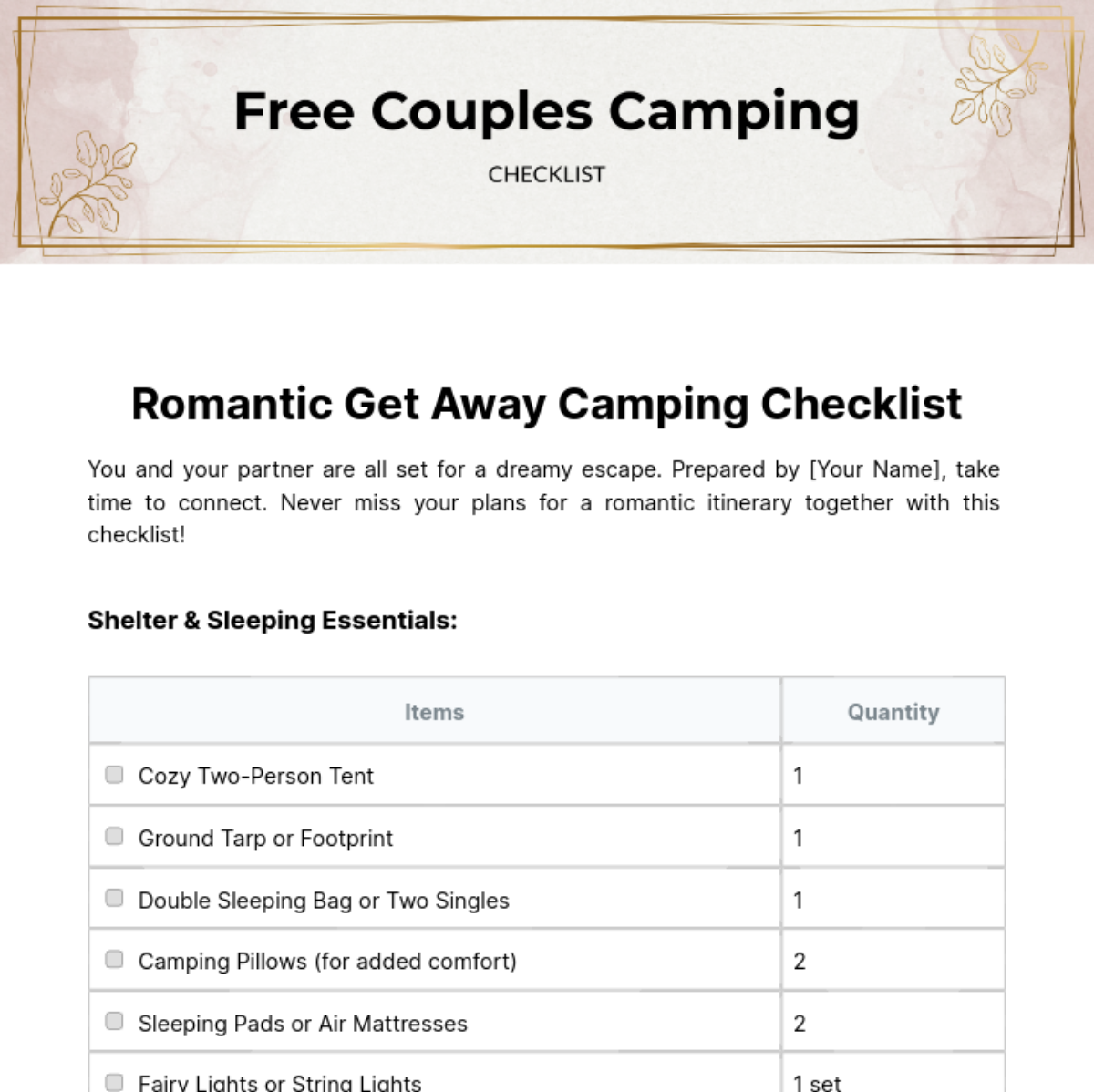 Couples Camping Checklist Template