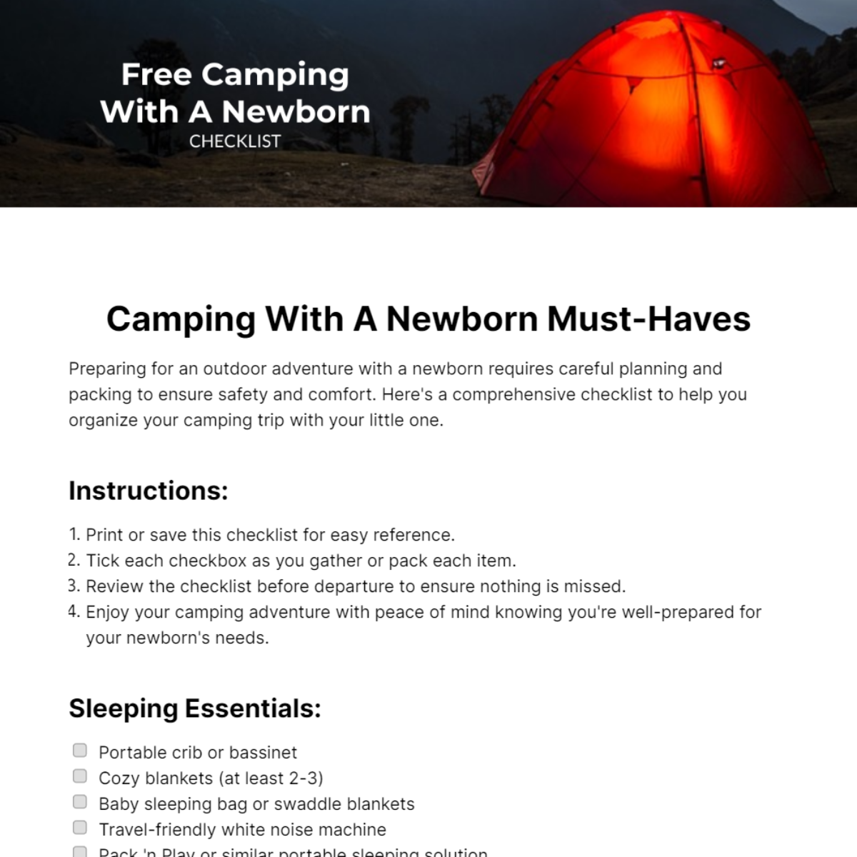 Camping With A Newborn Checklist Template