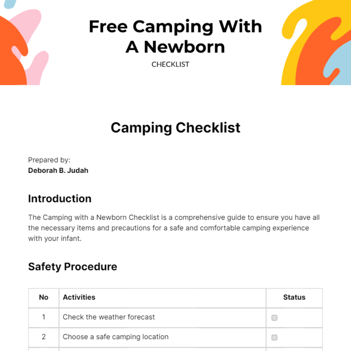 Camping With A Newborn Checklist Edit Online & Download Example