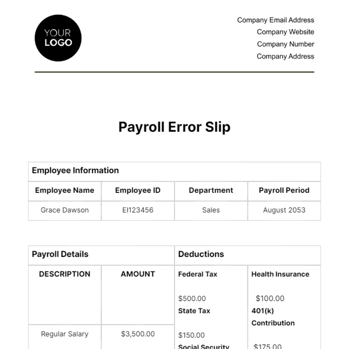 Payroll Error Slip HR Template