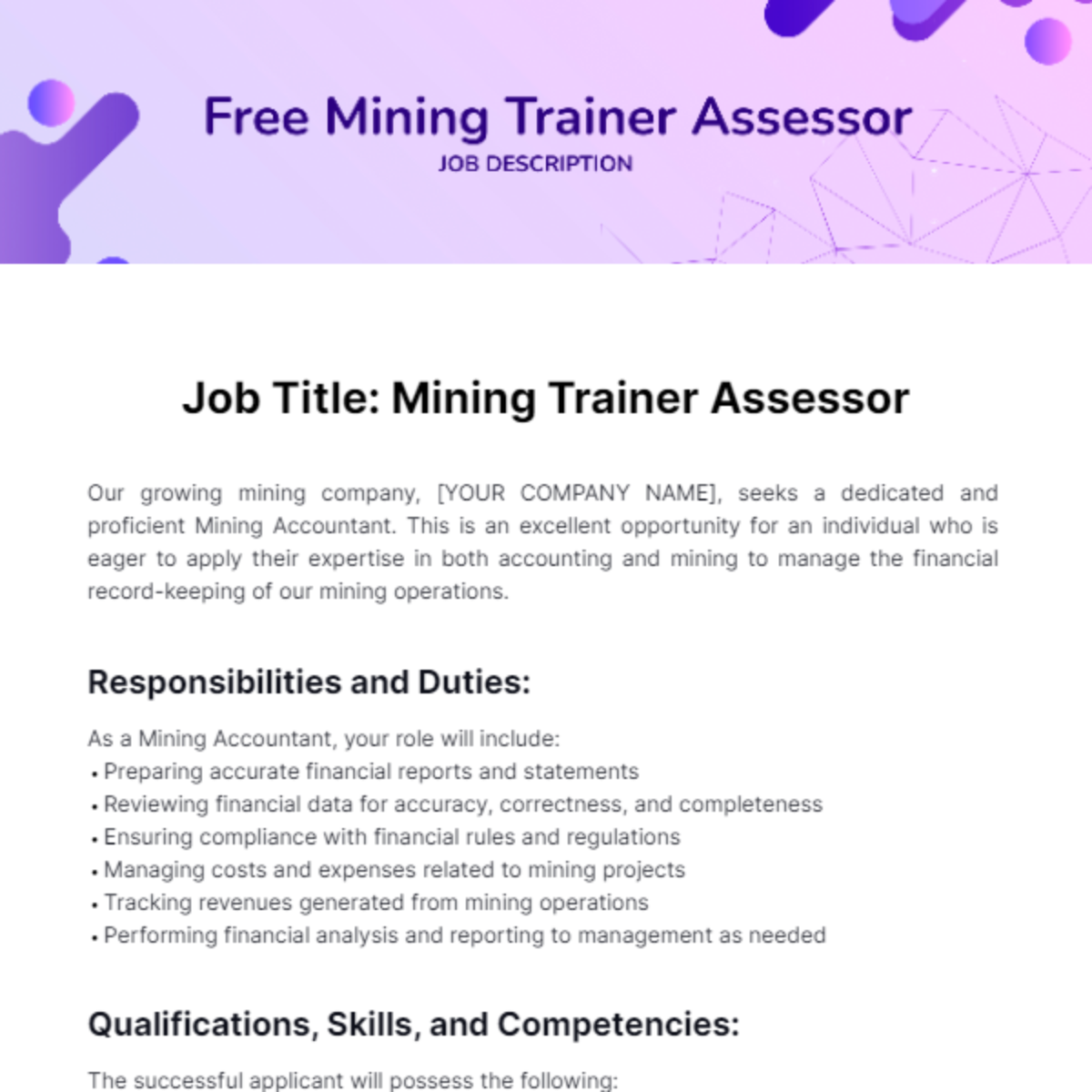 Free Mining Trainer Assessor Job Description Template