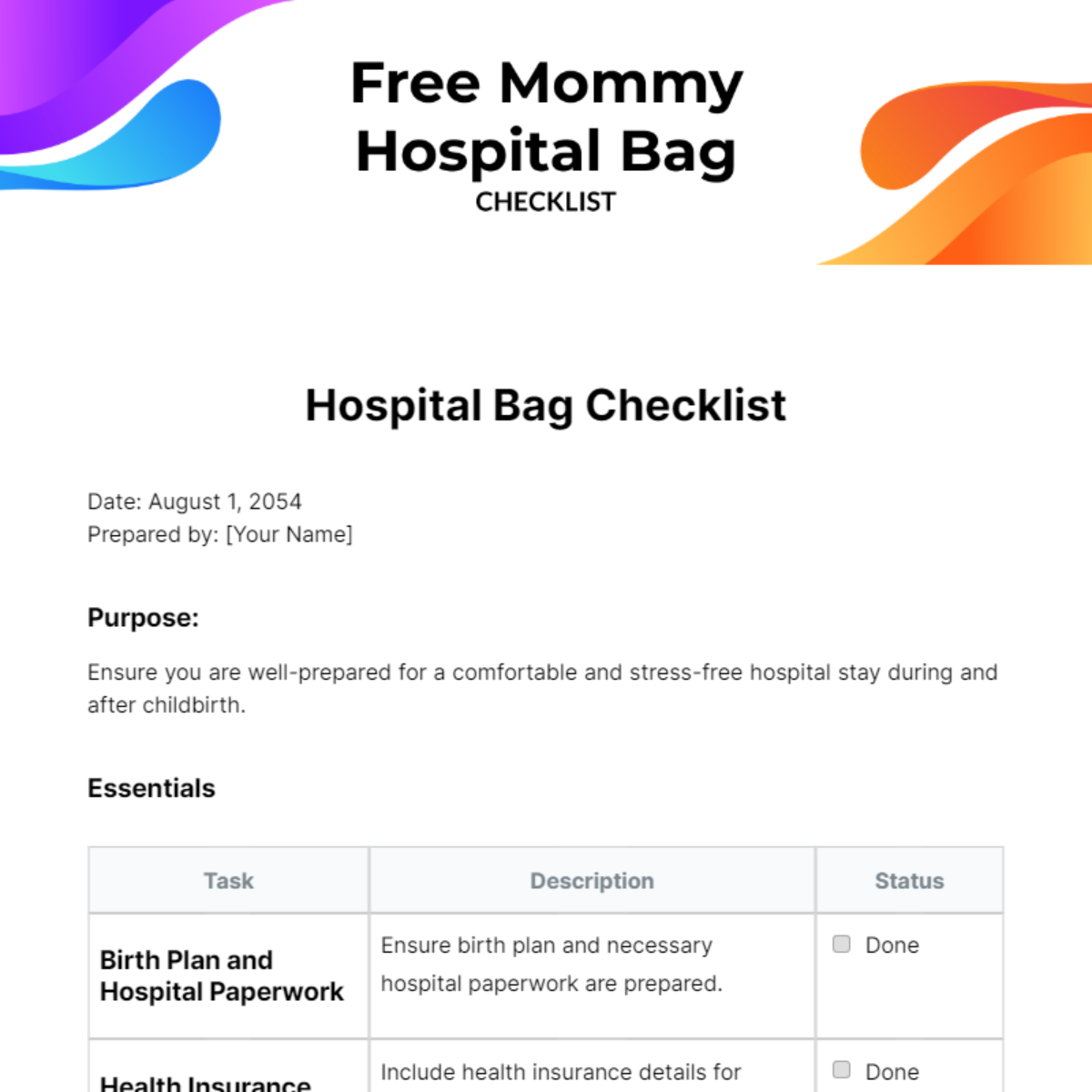 Mommy Hospital Bag Checklist Template