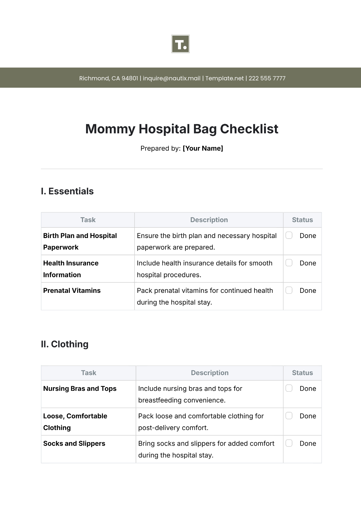 Mommy Hospital Bag Checklist Template - Edit Online & Download