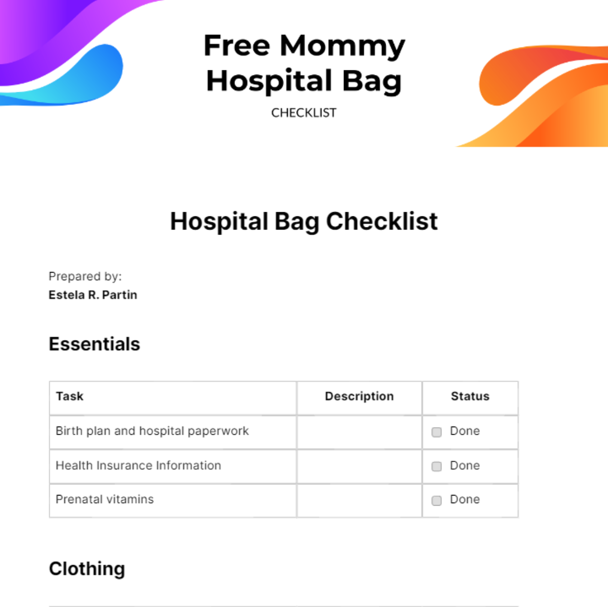 Mommy Hospital Bag Checklist - Edit Online & Download Example