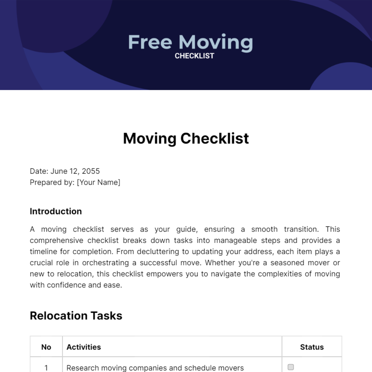 Free Moving Checklist Template
