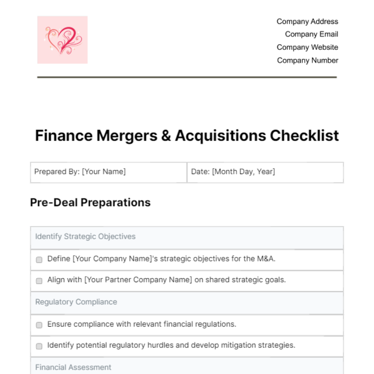 Finance Mergers & Acquisitions Checklist Template