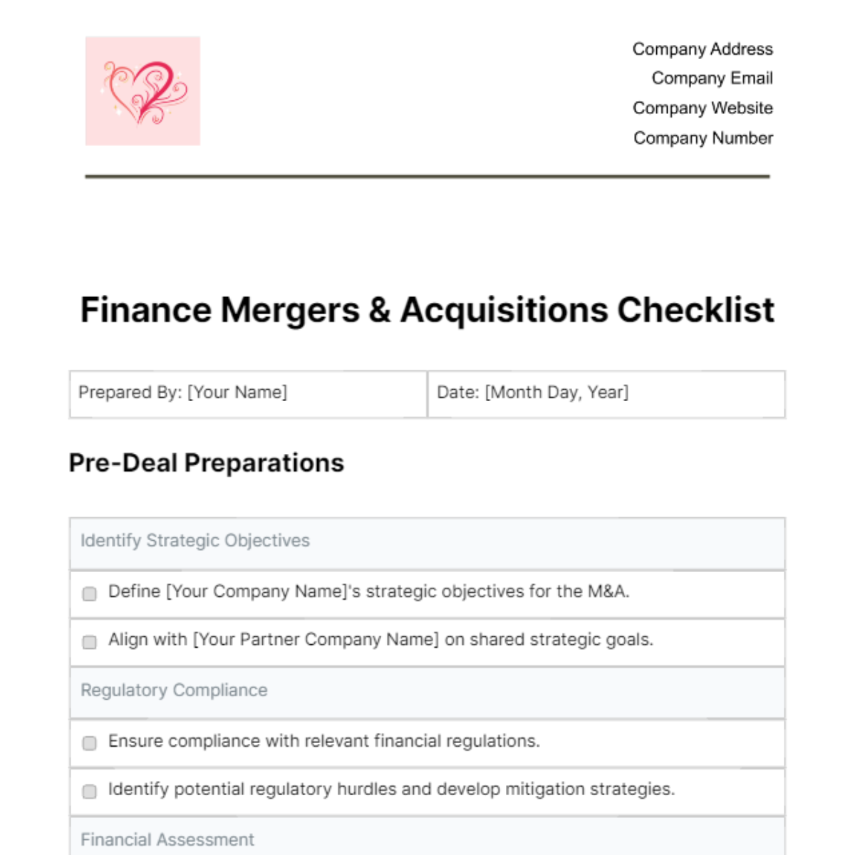 Finance Mergers & Acquisitions Checklist Template - Edit Online & Download