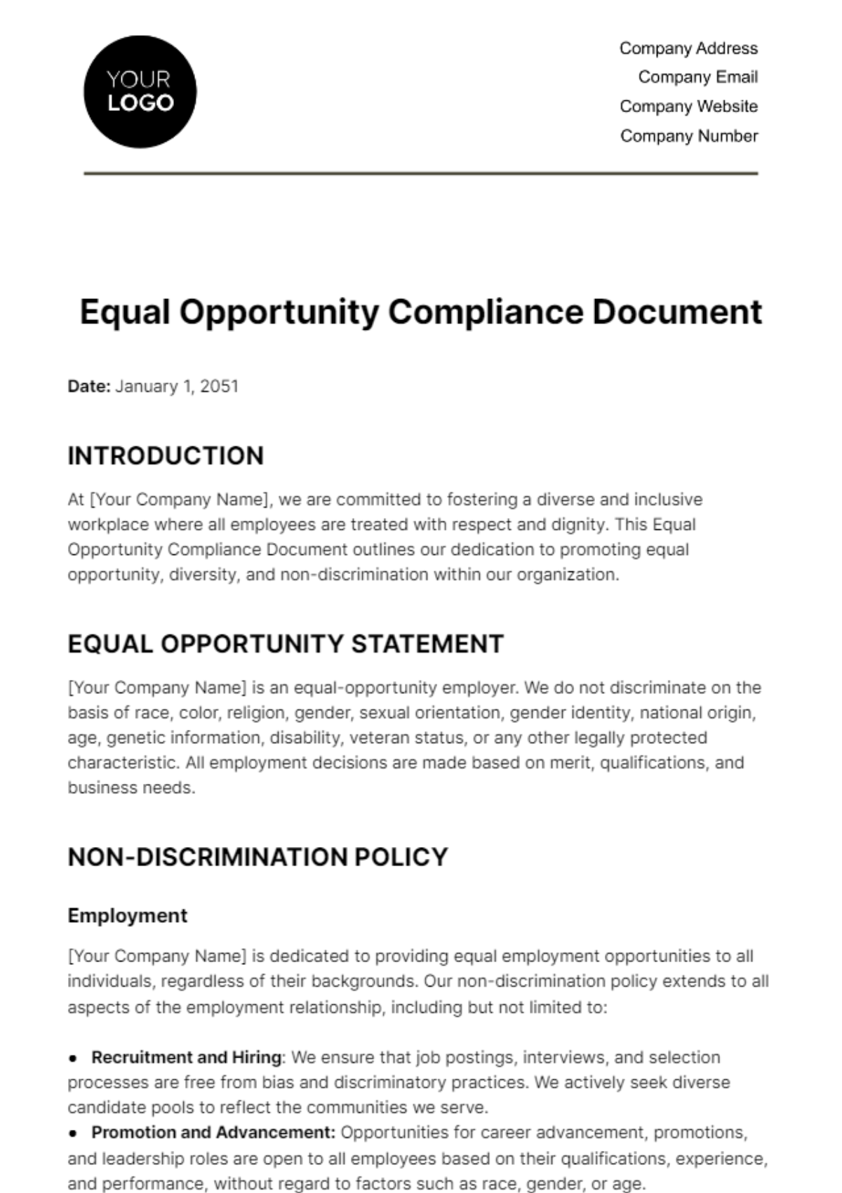 Equal Opportunity Compliance Document HR Template