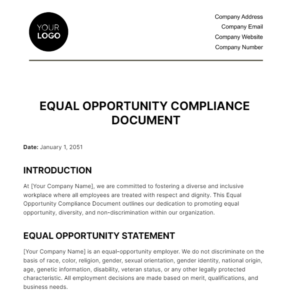 Equal Opportunity Compliance Document HR Template - Edit Online & Download